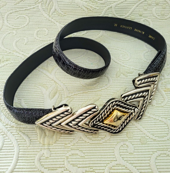 Black Genuine Leather Croc Embossed Belt with Decorative Silver and Gold Tone Buckle Hook Buckle Closure Jeweled Belt Gift Idea Size M 193