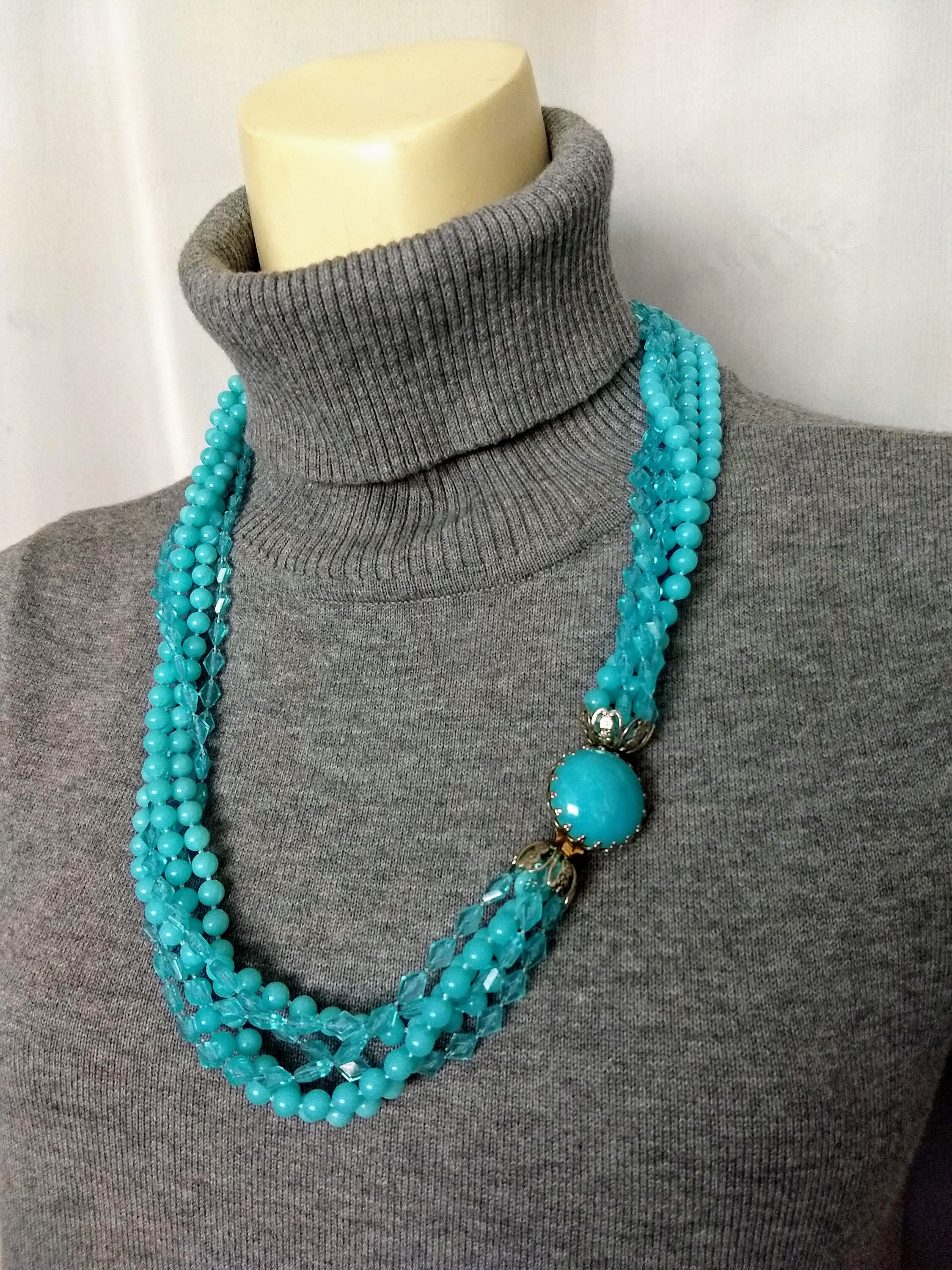 Vintage Blue Acrylic Multi String Beaded Necklace/sky Blue/plastic