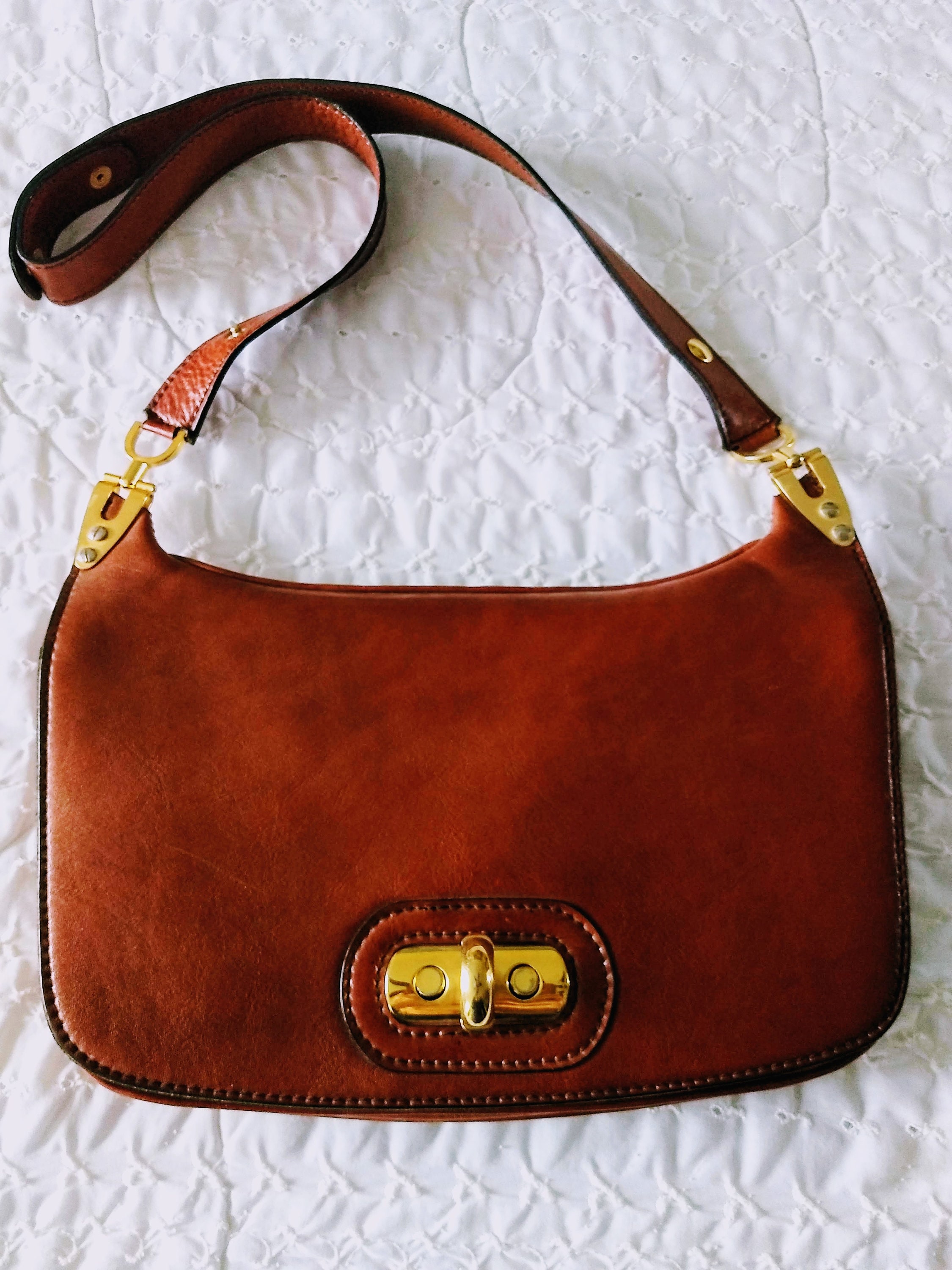 Vintage Brown Leather Shoulder Bag/calfskin Leather Medium Size