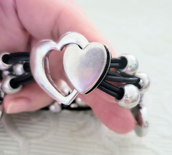 Unique Statement Bracelet/Black Leather Multicord… - image 5