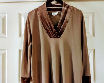 HOT COTTON Over Size Soft Cotton Pullover/Taupe Quality Blouse with Velvet Trim/Long Sleeve Casual Loose Top with Velvet Décor/Size XL Top/N