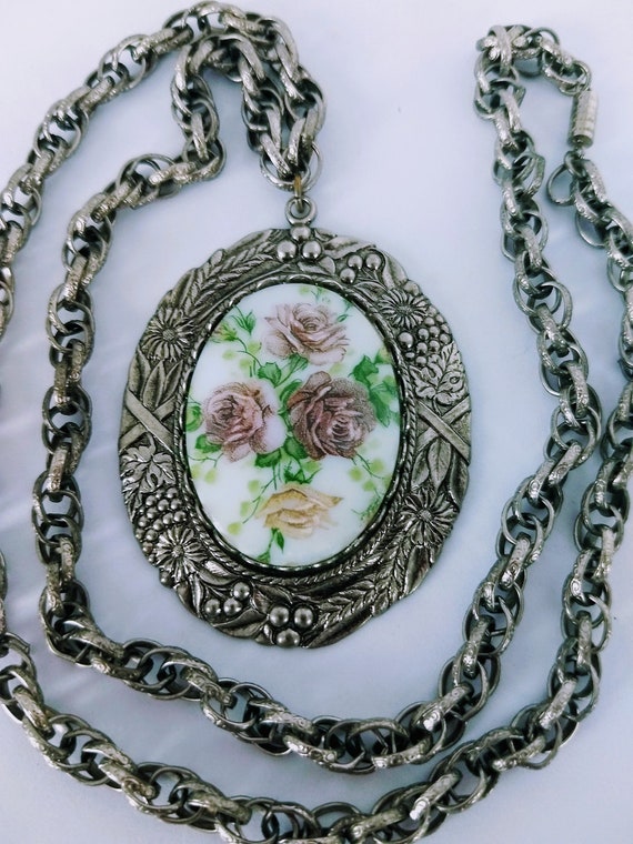 Ceramic Roses Painted Pendant Necklace/Unique Vict