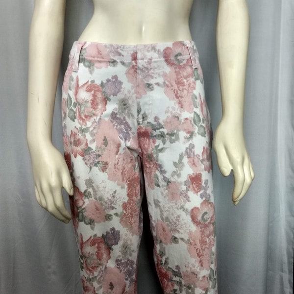 SKINNY Floral Jeans Pants/Unique Cotton Stretch Super Soft Pink Flowers Pattern Vintage Mid Rise Pants Jeans Style/Gift Idea/Size XL /No.393