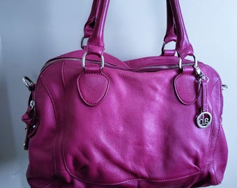 Large Shoulder Bag Fuchsia Soft Calfskin Leather Bag/AUDREY BROOKE Zippered Gold Hardware Satchel Detachable Shoulder Strap Purse Gift/N008