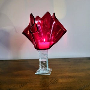RARE FIND/Unique Footed  Red and Clear Glass Candleholder/Decorative Glass Art Tealight Holder/Hand Made Romantic Home Decor/Gift Idea/No144