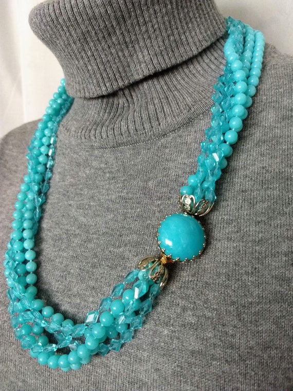 Vintage Blue Acrylic Multi String Beaded Necklace… - image 2