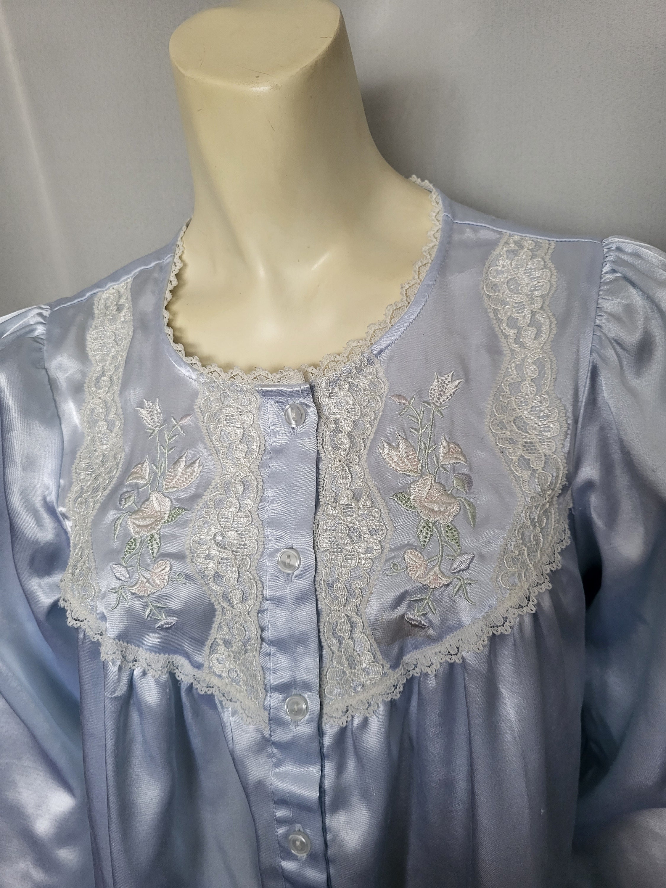 Pale Blue Satin Full Length Nightgown/embroidered Front Décor - Etsy