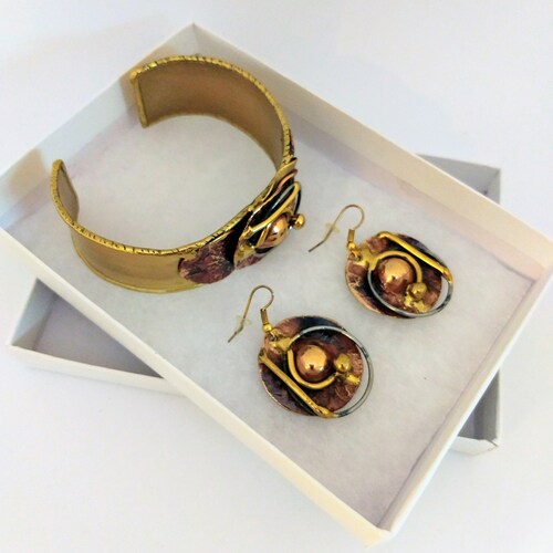 Brutalist Mid Century Gold Brass Modernist Bracelet and Earrings Set,Hand Crafted Rare Mix Metal and Enamel Jewelry Set, Gift For Her/No.113 shops