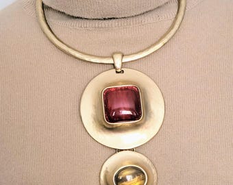 CHICOS Huge Gold-Tone Statement Collar Necklace/Double Circular Pendants Sculptural Jewelry/98