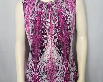 CALVIN KLEIN Magenta Snakeskin Print Sleeveless Blouse/Pleated Neck Top Women's Size M/73