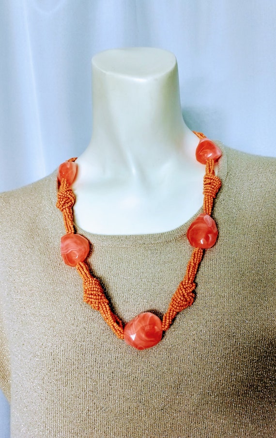 Orange Chunky Beads Necklace/Big Faux Stone Raisin