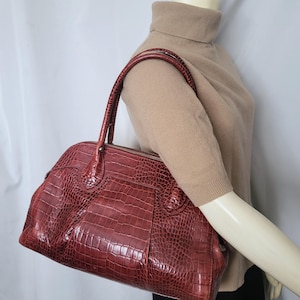 ALFANI Leather Vintage Satchel Burgundy Croc Embossed Structured Handbag Designer Classic Elegant Purse/23