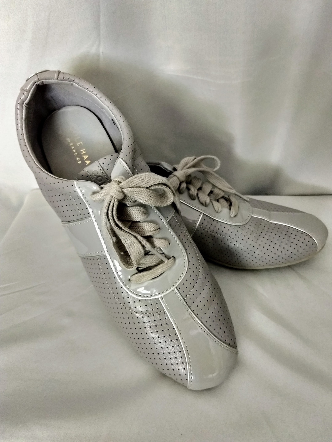 COLE HAAN Silver Grey Leather Sneakers/designer Perforated Leather