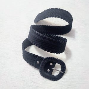 Vintage Black Woven Waist Belt Oval Buckle Obi Statement‎ Minimalist Chic Black Leather Obi Belt With Tassels, Soft Sash Wrap for  main image 2