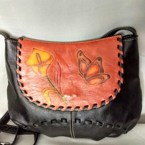 Hand Painted Faux Leather Crossbody Bag/ Black and Brown Unique Décor Convenient Snap Closure Boho Shoulder Bag/Gift For Her/Gift Idea/No399