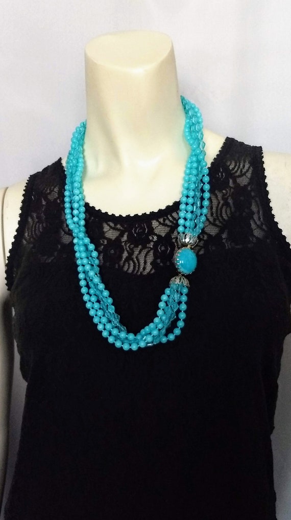 Vintage Blue Acrylic Multi String Beaded Necklace… - image 4