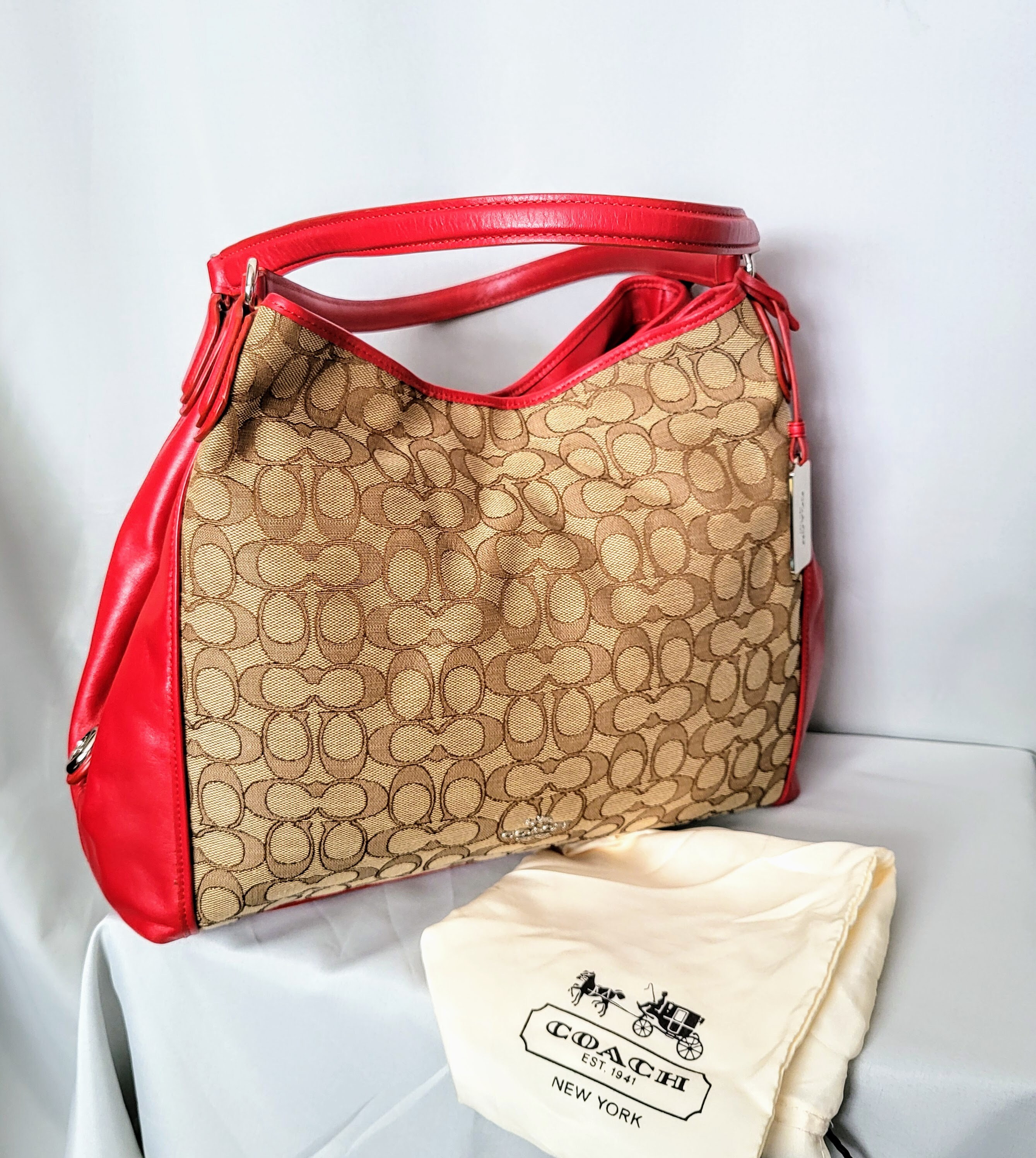 COACH Signature EDIE Rote Leder Umhangetasche Luxuriose Doppelte Ledergriffe Designer Tasche Khaki Braun und Rote GroBe Handtasche Geschenkidee 236 Etsy