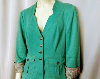 Women's Spring Emerald Green Jacket Blazer Rare Cotton Short Buttons Up Fully Lining Vintage Blazer/Size L/Gift For Her, Gift Idea/No.252