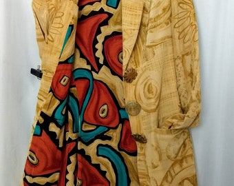 Vintage PLATINUM 80's Rayon Blazer/Unique Abstract Print Beige Blazer Jacket/Rare Spring Summer Modern Multicolor Jacket/Size S/Gift Idea/92