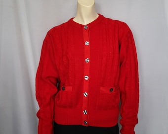 LIZ SPORT Red Knit Classic Cardigan/Cropped Cable Knit Soft Wool Rounded Neckline Buttons Down Ribbed Waist and Cuffs Sweater/Size S/No.817