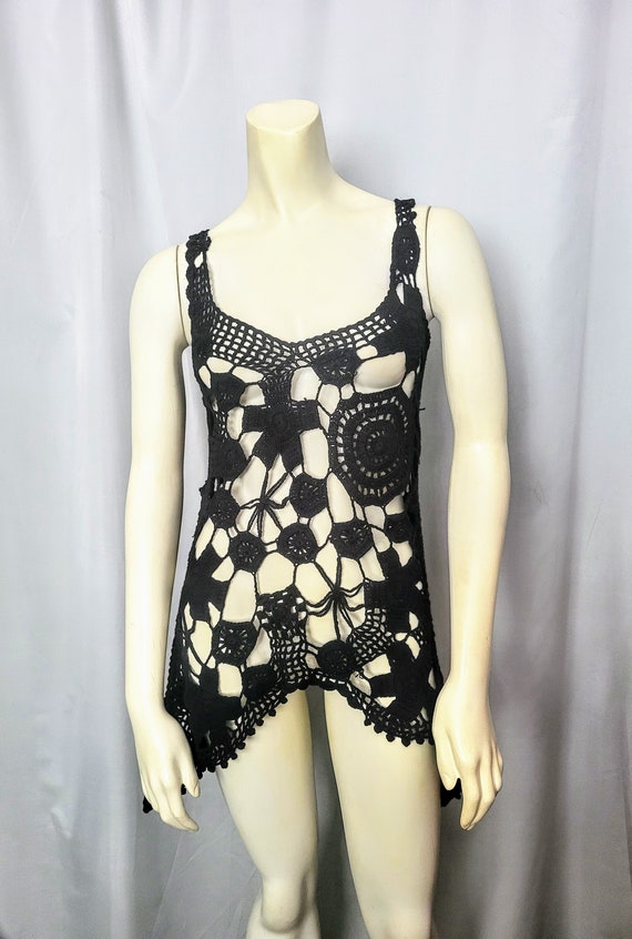 Women's Tanks Hippy Boho Long Crochet Size L Blac… - image 1
