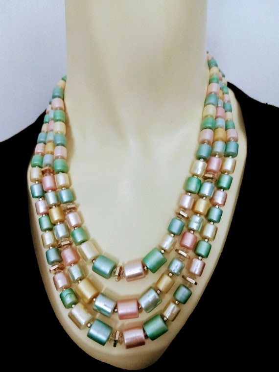 Triple String Pastel Beads Necklace/Multicolor St… - image 4