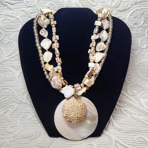 Chunky Mother of Pearl Pendant Statement Necklace/Handcrafted Three Strand Natural Shell Beads Gold Accent Artisan Jewelry/Gift For Her/N040