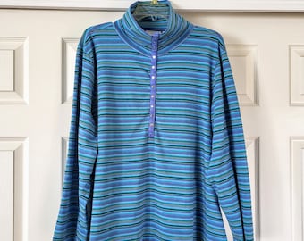 Women's Size LIZ CLAINBORN Cotton Blue Stripes Pullover Higth Neck Long Sleeves Tunic Top/Soft and comfy Snaps Closure/Size 3X Blouse/No.184