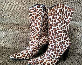 Animal Print Cowhide Leather Boots/Leopard Print 4" High Heels Calf Hair Leather Square Toe Zip Up Elegant Sexy Boots/Size 8.5/Gift Idea/818