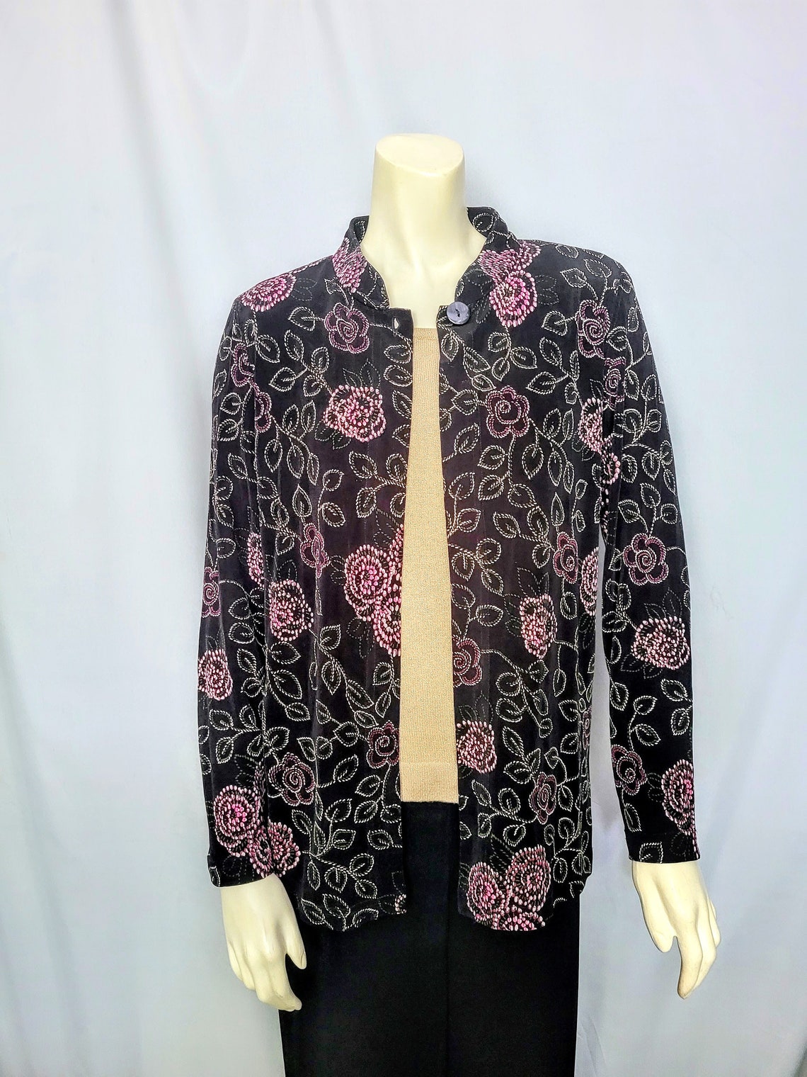 Women's Vintage Black Stretchy Blazer Cardigan/Open Front One Button White and Pink Floral Print Mandarin Collar Elegant Blazer/ Size M/N10, foto 1 di 5