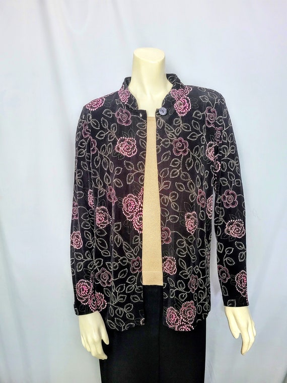 Women's Vintage Black Stretchy Blazer Cardigan/Open Front One Button White and Pink Floral Print Mandarin Collar Elegant Blazer/ Size M/N10