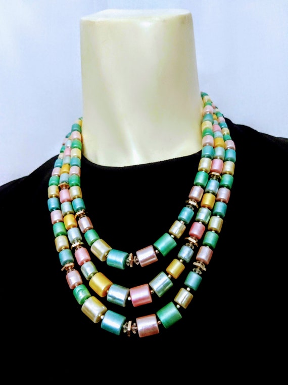 Triple String Pastel Beads Necklace/Multicolor St… - image 2