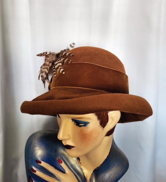 Elegant Brown Hat with Gold Accents and Feathers Brown Bird Skull Cameo Medium Mini Top Hat Fascinator, Alice  main image 3