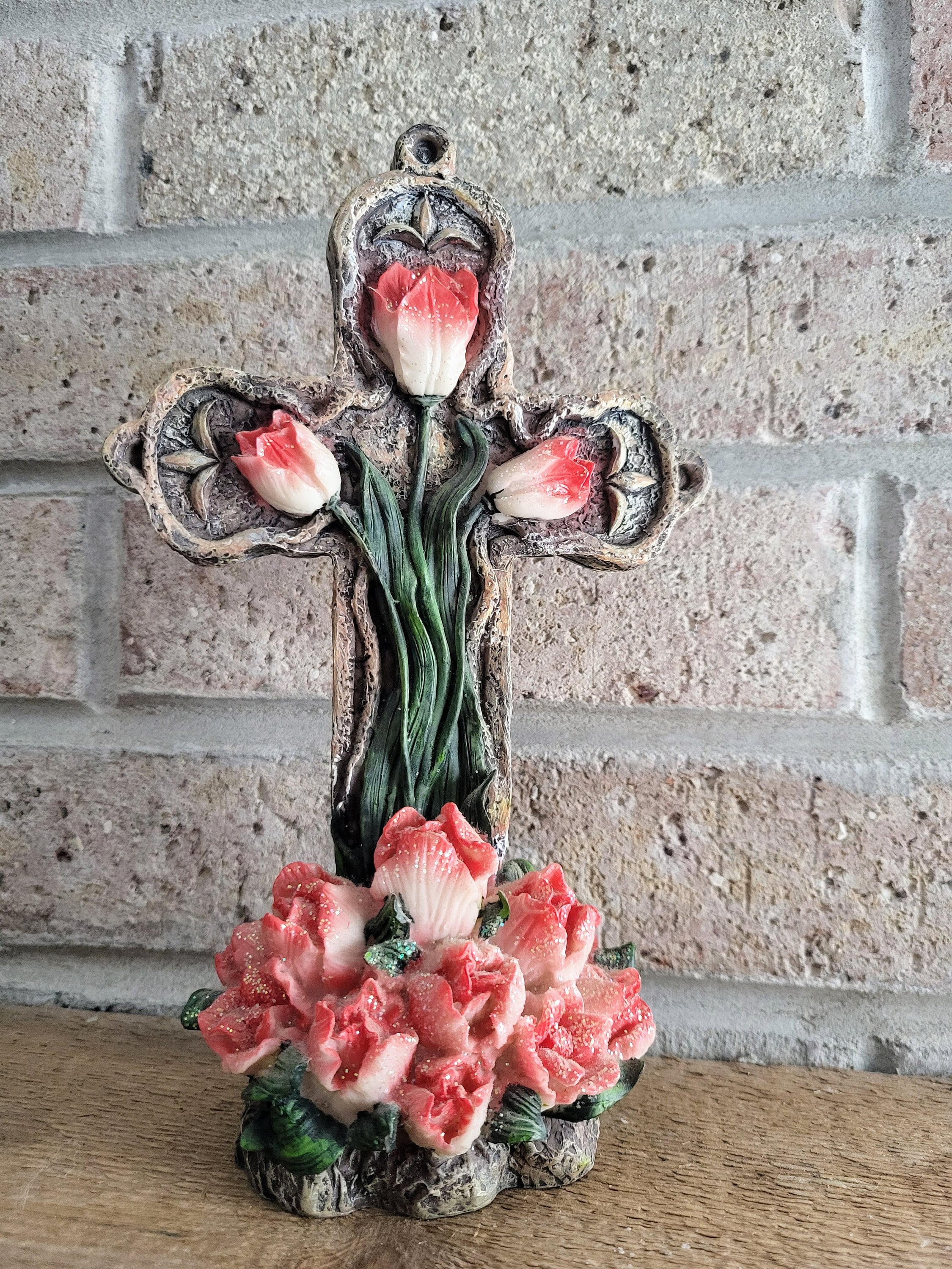 Standing Cross With Roses Standing Cross With Flowers Décor/hand Made Hand Painted Pink Sparkling ...