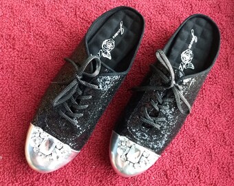 JOAN BOYCE Sparkling Black Sneakers/Rare Glitter Crystals Décor Rhinestone Mule/Designer Style Laced Fun Clog Shoes/Size 10/Gift Idea/N146