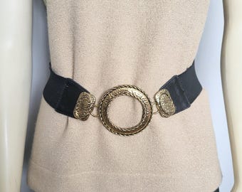 Vintage Wide Black Cinch Belt: Bronzed Oval Buckle, Stretchy  display picture 1