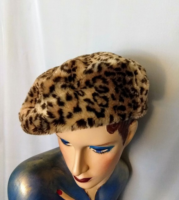 JOAN SHERMAN Faux Fur Beret,Animal Print Faux Fur