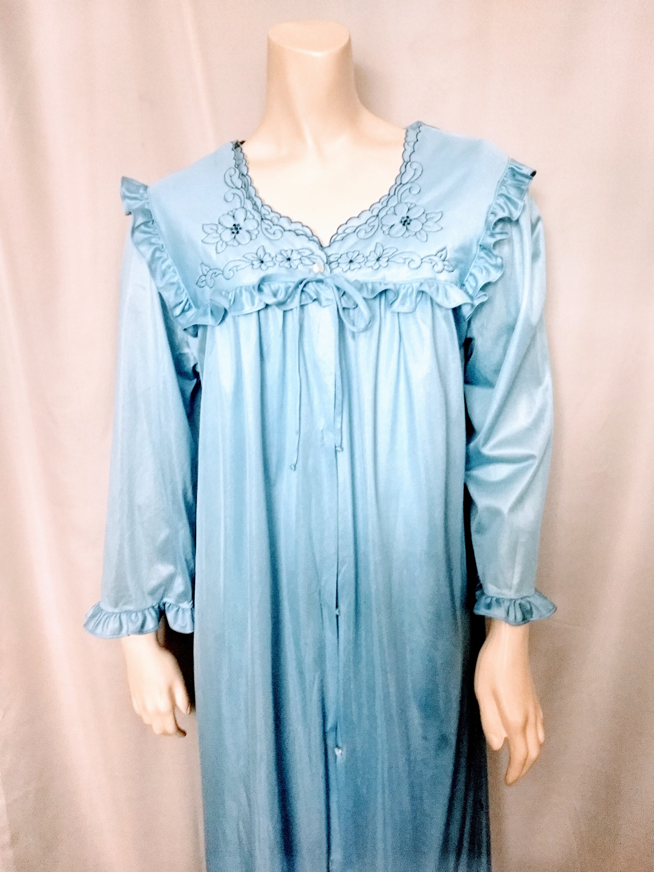 Vintage DREAM AWAY Nightgown and Robe Set/blue Silky Embroidered Ruffle ...