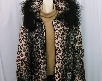 Duck Down Hooded Puffer Animal Print/Natural Mongolian Fur Decor Coat/Cheetah Print Belted Warm Winter Designer SAMUEL DONG Coat/Size M/706