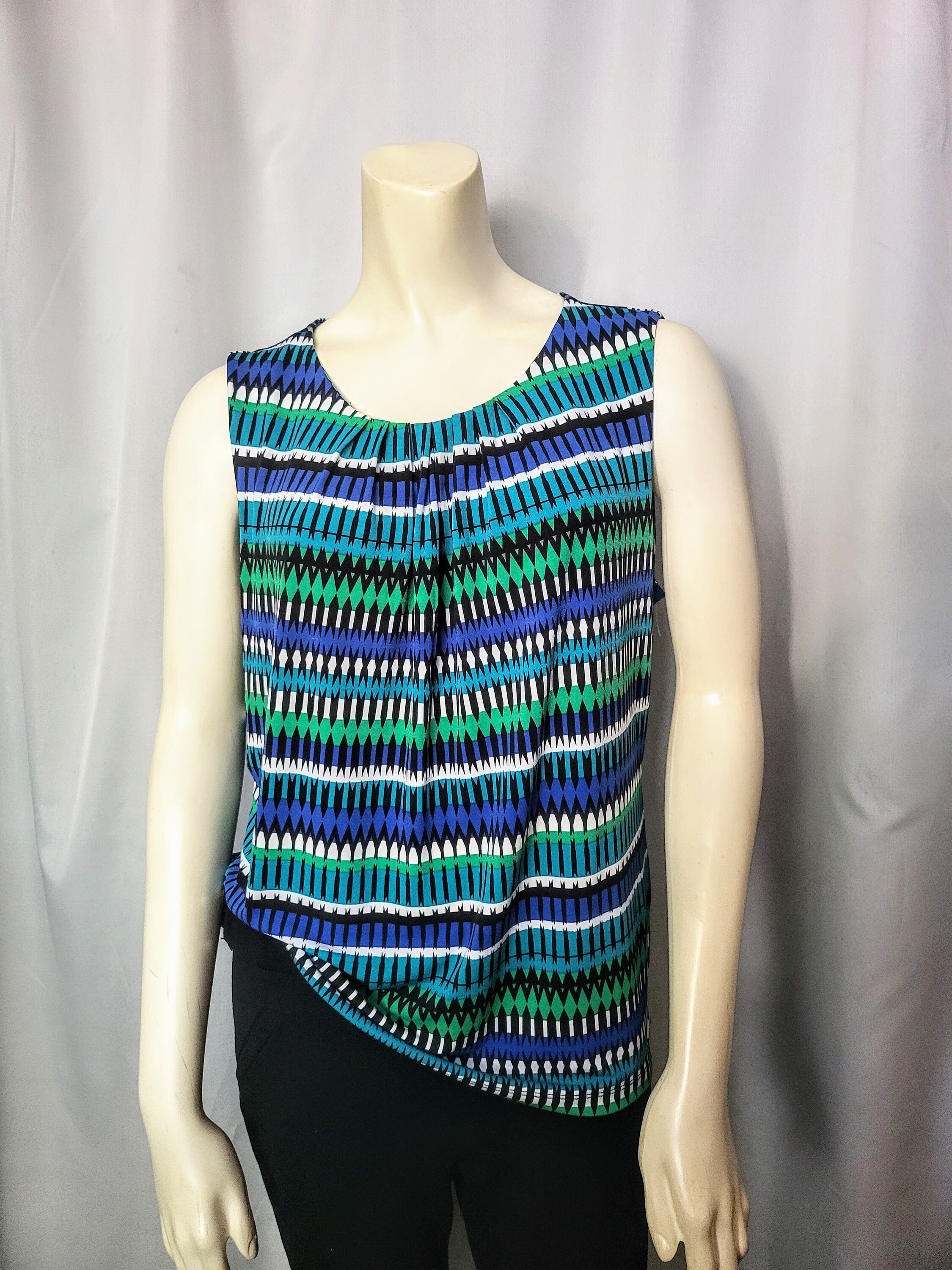 CALVIN KLEIN Top Women s Sleeveless Geometric Green Blue Print Pleated Neckline Vintage Elegant Designer Blouse for Her Size XL Gift Idea 99 Etsy