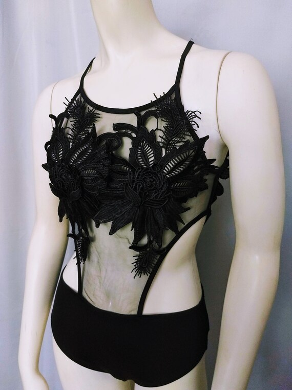 Floral Black Lace Bodysuit,Unique Sexy Bodysuit,Pa
