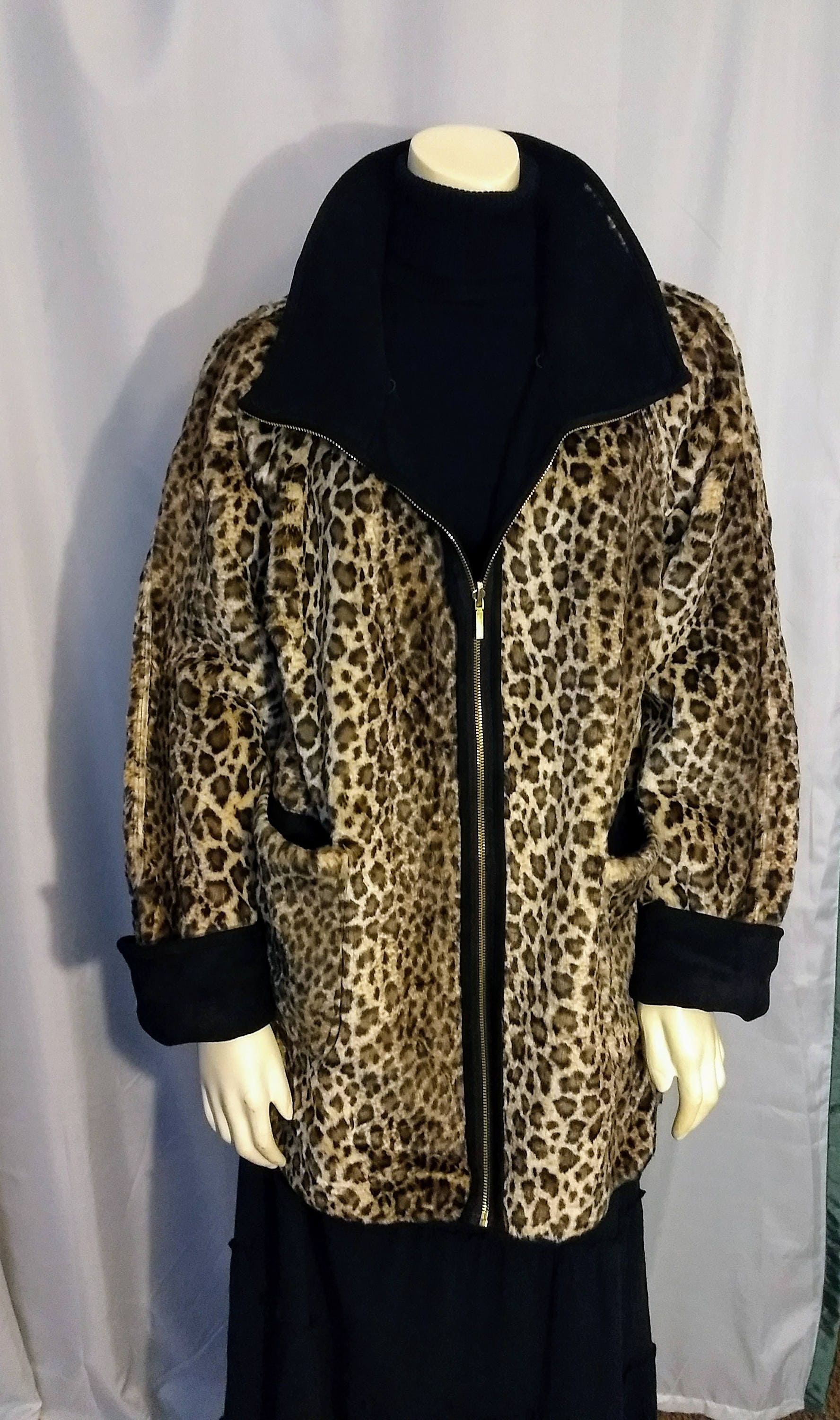 Reversible Animal Print Faux Fur Coat/black Faux Suede and