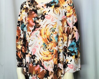 Plus Size Super Soft Long Sleeve Floral Print Tunic for Women/Hight Quality Comfy Over Size Pullover  Boho Maternity Tunic Top/Size 1X/N978