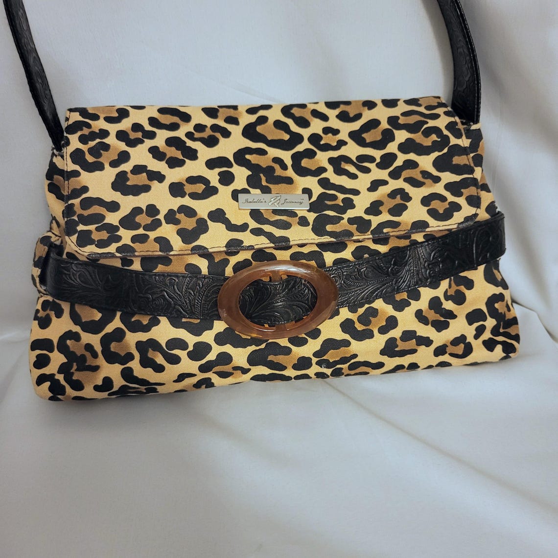 Vintage ISABELLA'S JOURNEY Leopard Print Shoulder Bag/Yellow Canvas Animal Pattern Soft Purse/Tooled Faux Leather Decor/Retro Style Gift/, foto 1 di 5