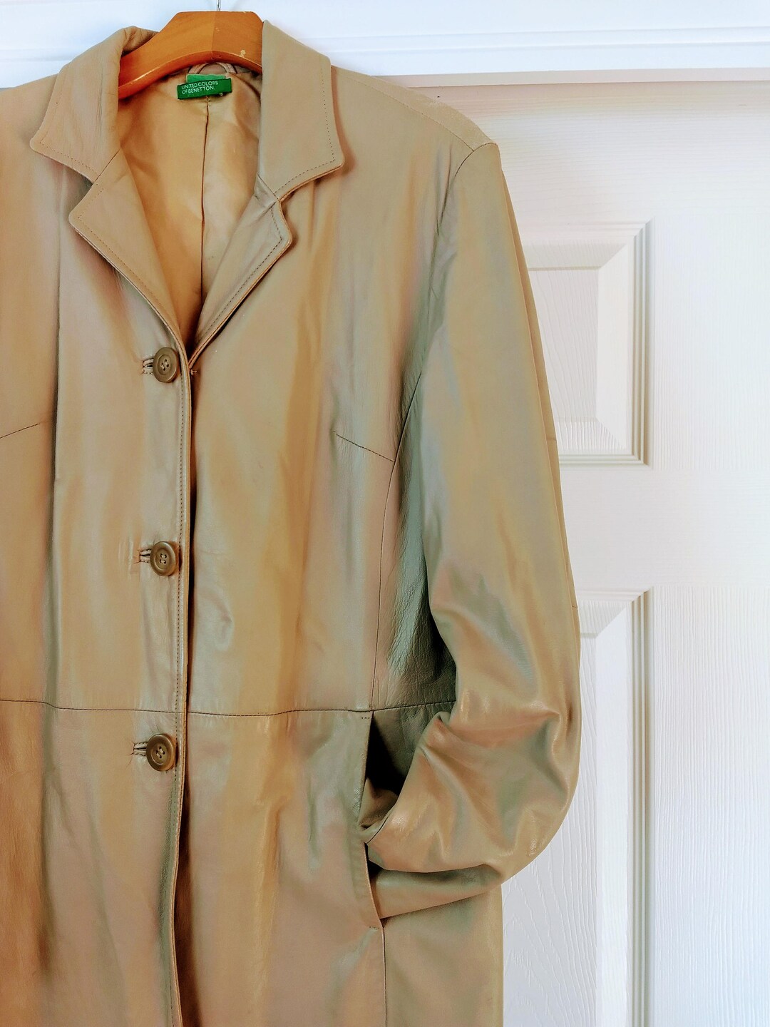 Italian Soft Leather Long Coat/united COLOR of Quality Light Beige Super Soft Buttons