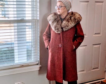 Vintage Valentino Coat, Big Fox Fur Collar, Red Cashmere Jacket