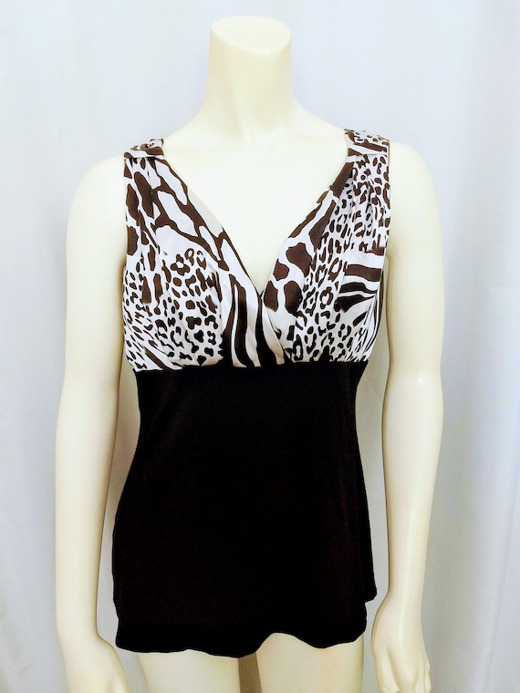 100% SILK KAY CELINE Animal Print Top/Designer Bla