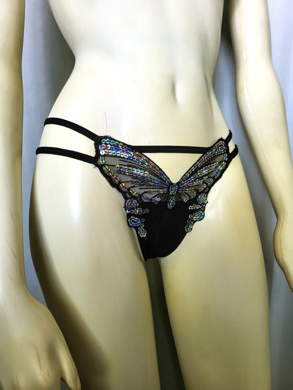 Sexy Thong Sparkling Black Butterfly/rare Black and Silver Sequence Décor  Tong/lace Embroidered Thong/lingerie Gift/gift for Her/size M/N724 