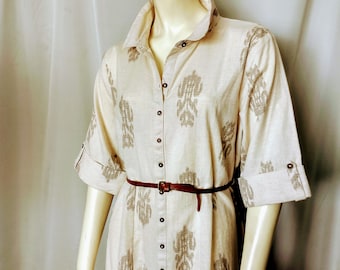 Beige Cotton Short Sleeve Vintage Dress/Mid Length Belted A-Line Style V-Neck Collared Buttons Décor Summer Dress/Plus Size Dress XXL/No.639