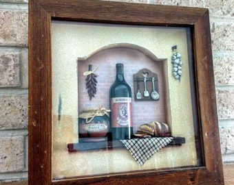 Vintage Wall Hanging Shadow Box Art/Framed Dimensional Shadow Box Very Rare Collectible 3D Wool Frame Wall Art Picture Home Décor/No.614